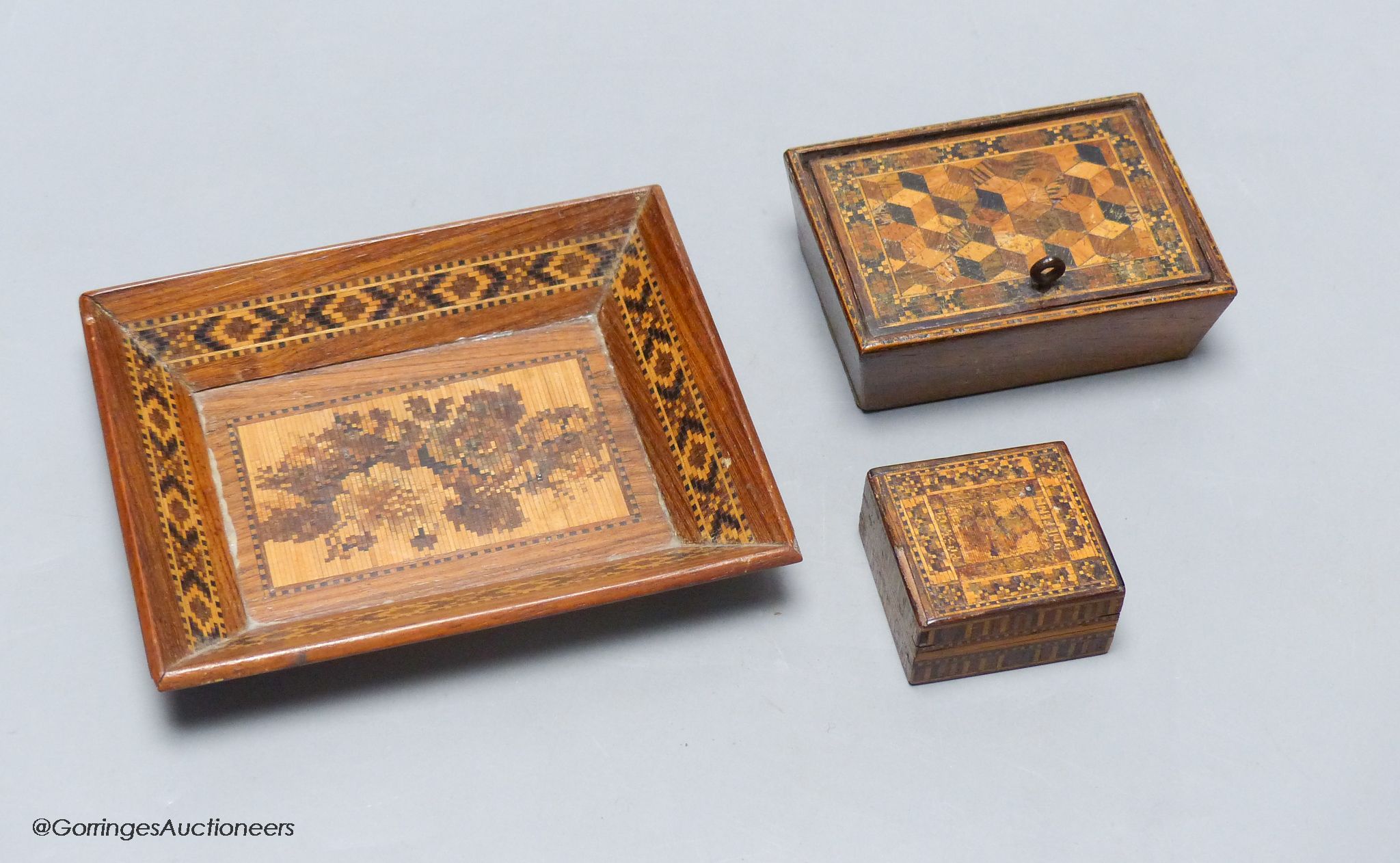Three small pieces of Tunbridge ware to include a pin tray and two boxes